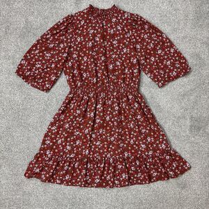 Nanette NANETTE LEPORE Dress Womens 14 Red Floral Mock Neck Ruffle Hem Smocked